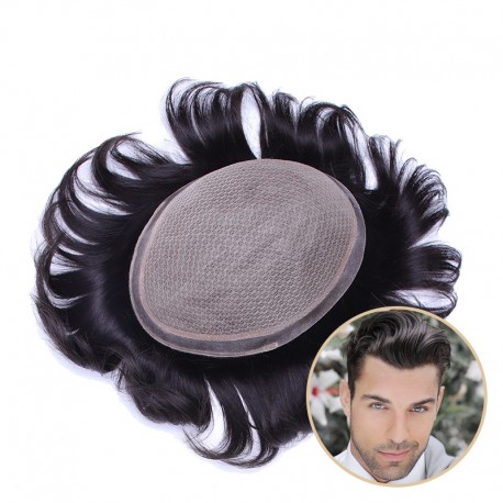 Poseidon Men's Receding Hairline Solution | Base de seda de lujo con piel fina de 1 pulgada alrededor | Peinado recto