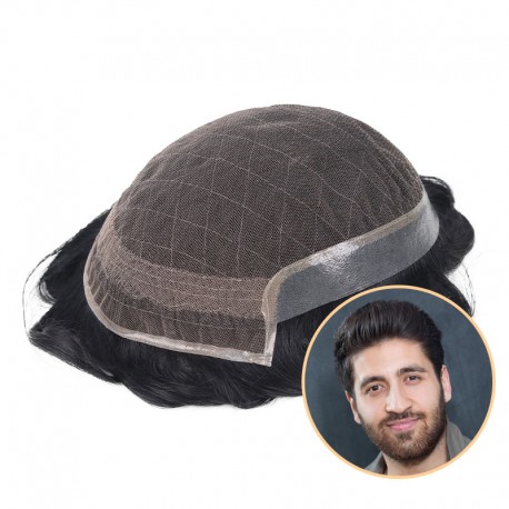 Atlas Men's Real Hair Toupee | Lace in Center with PU Around | Long and Thick Hairstyle for Men