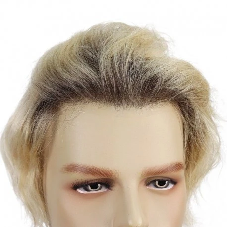 Travis Dark Rooted Platinum-blonde Hair System | 0.06-0.08mm Single Knotted Full Skin