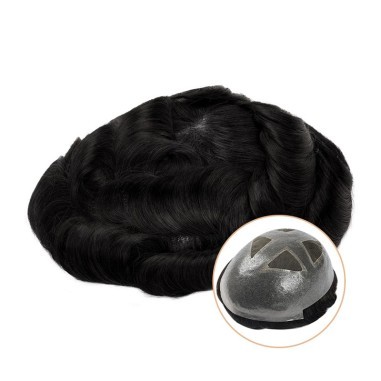 Douglas |Breathable Lace Hair System with 0.06-0.08mm Poly Skin Around Perimeter and Cross Section in Center In  1C Color