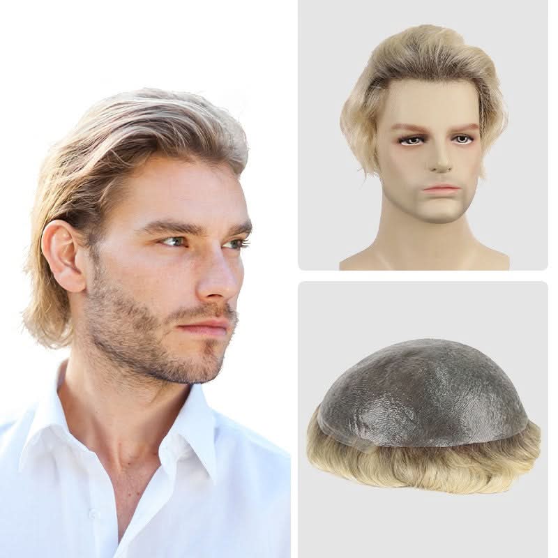 Travis | 0.06–0.08mm Single Knotted Full Skin Base | Dark Rooted Platinum Blonde