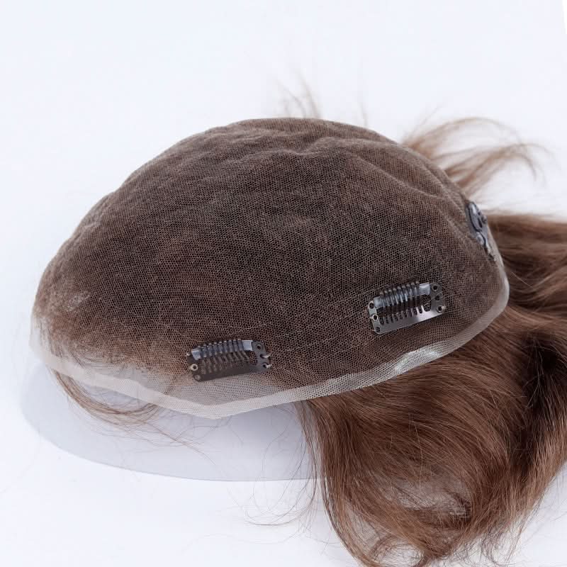 Clearance | Helios | Full Swiss Lace European Hair System | Soft Mocha Brown Color | Pre-Cut 7.25" × 9" Base with 5 Clips