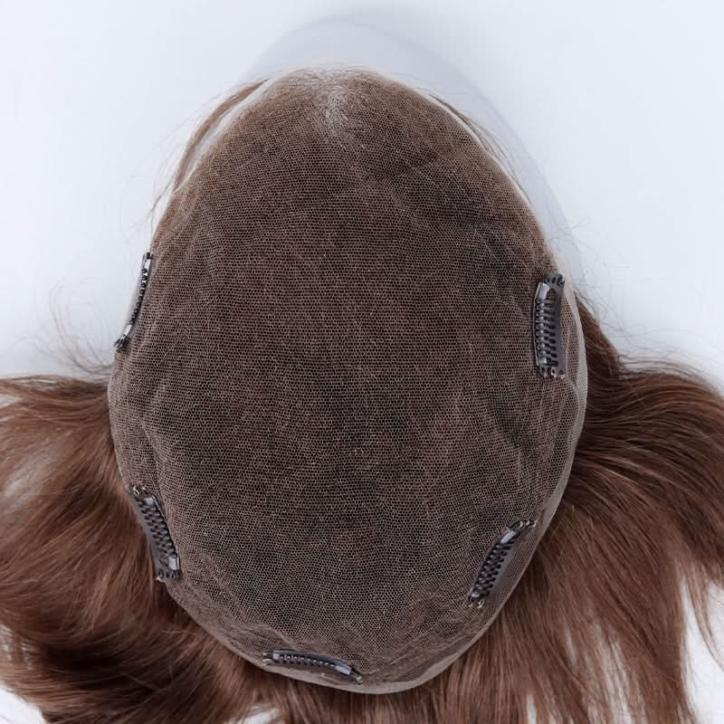 Clearance | Helios | Full Swiss Lace European Hair System | Soft Mocha Brown Color | Pre-Cut 7.25" × 9" Base with 5 Clips